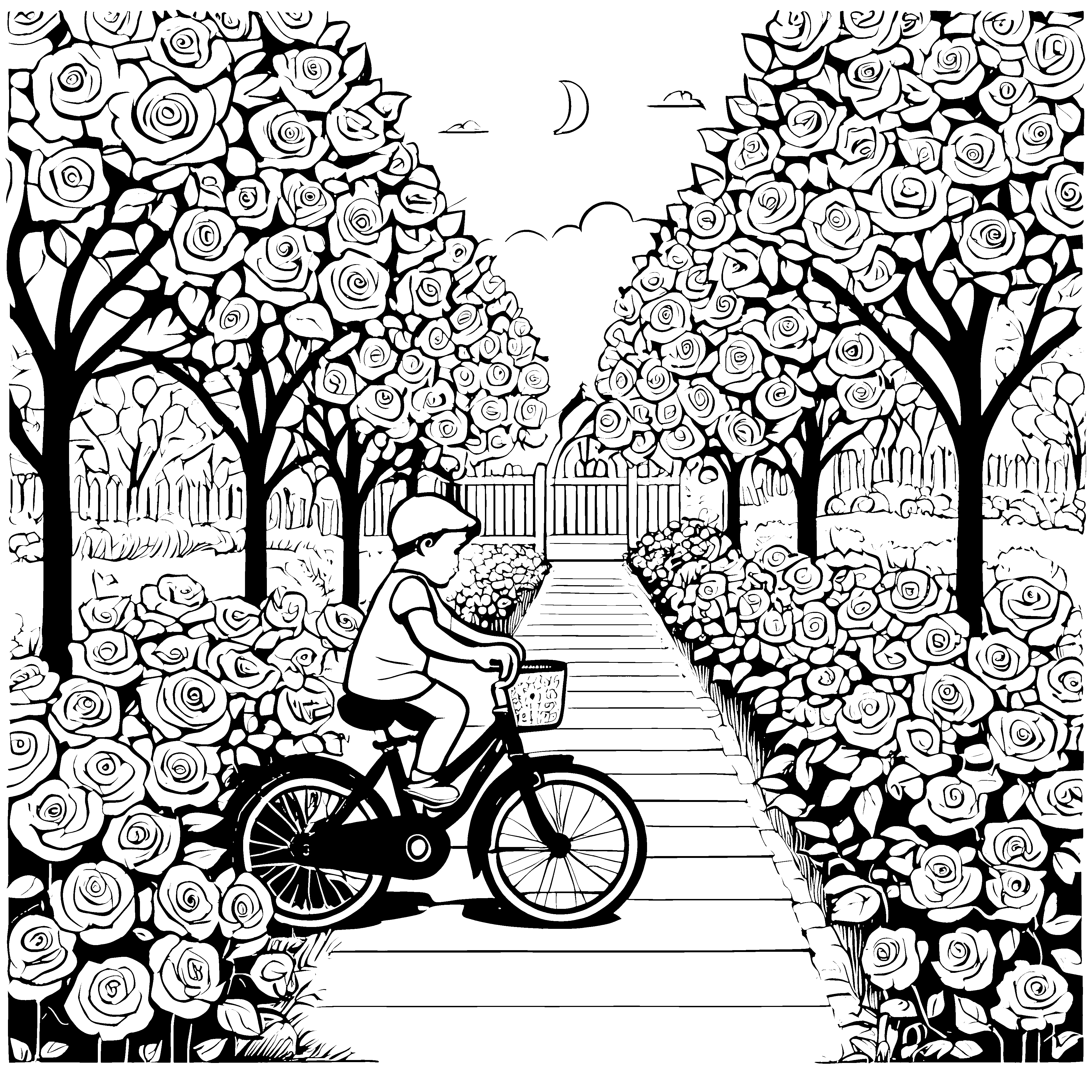 Fröhlicher Radfahrer durch blühenden Rosengarten Ausmalbild für kreative Naturfreunde