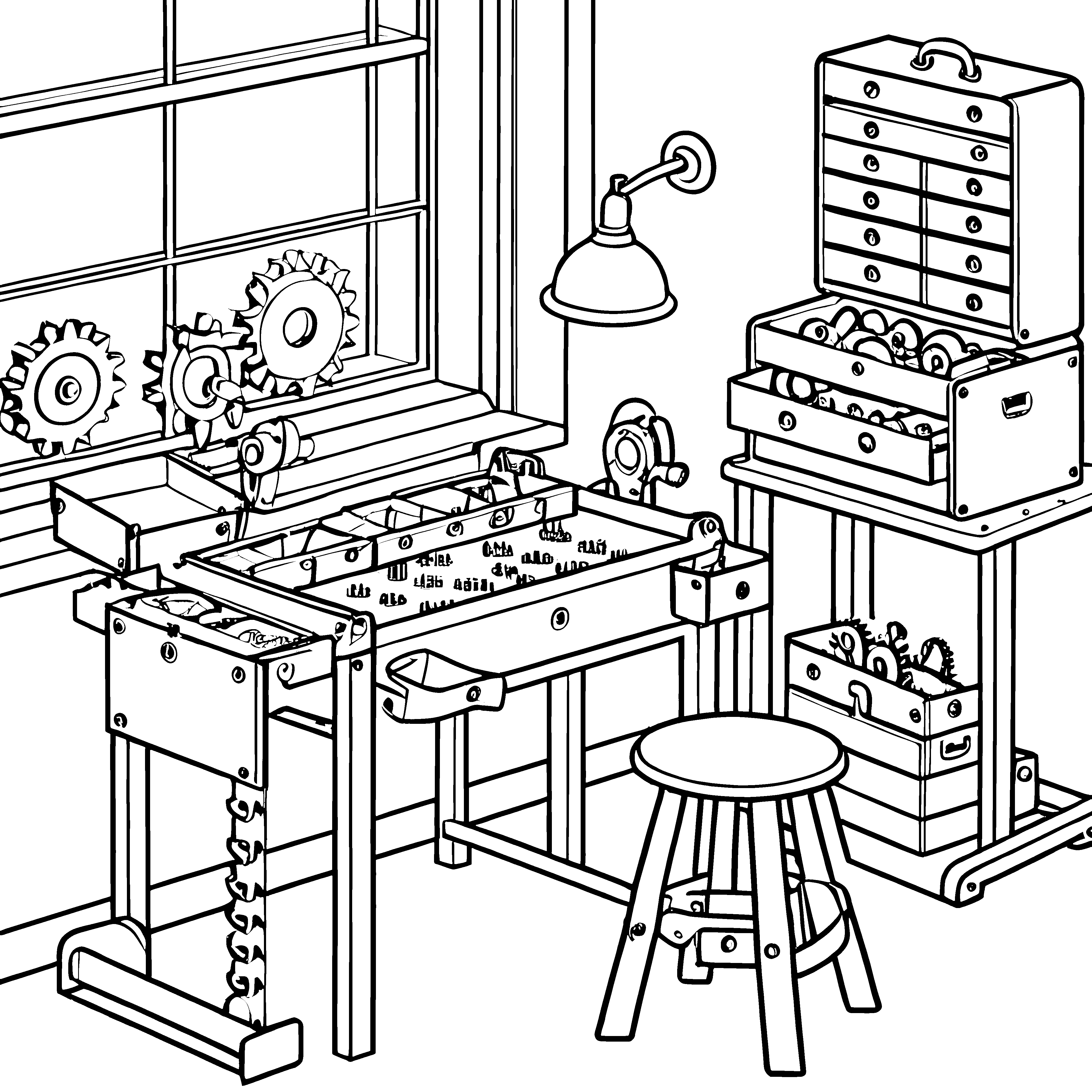 Kreativer Industrie-Tisch mit Werkzeugen Malvorlage für junge Erfinder