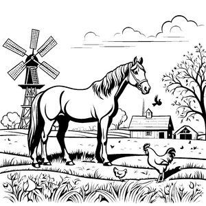 Stolzer Hengst vor der alten Windmühle Ausmalbild für fantasievolle Pferdefreunde