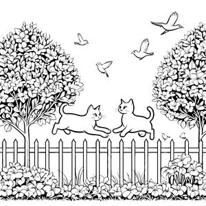 Verspielte Katzen im Garten-Abenteuer Ausmalvorlage für neugierige Tierfreunde