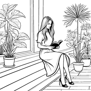 Elegante Leserin mit glatten Haaren Malvorlage für kreative Buchliebhaber