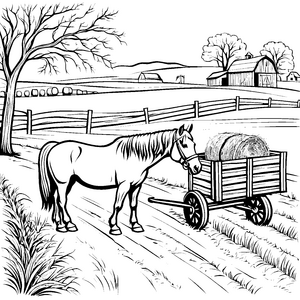 Majestätisches Pferd am Heuwagen Ausmalbild für junge Tierfreunde