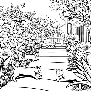 Wilde Katzen auf der spannenden Blumenwiese Ausmalvorlage für kreative Entdecker