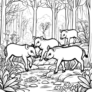Verspielte Warzenschwein-Jungtiere am plätschernden Bach Ausmalvorlage für neugierige Tierfreunde