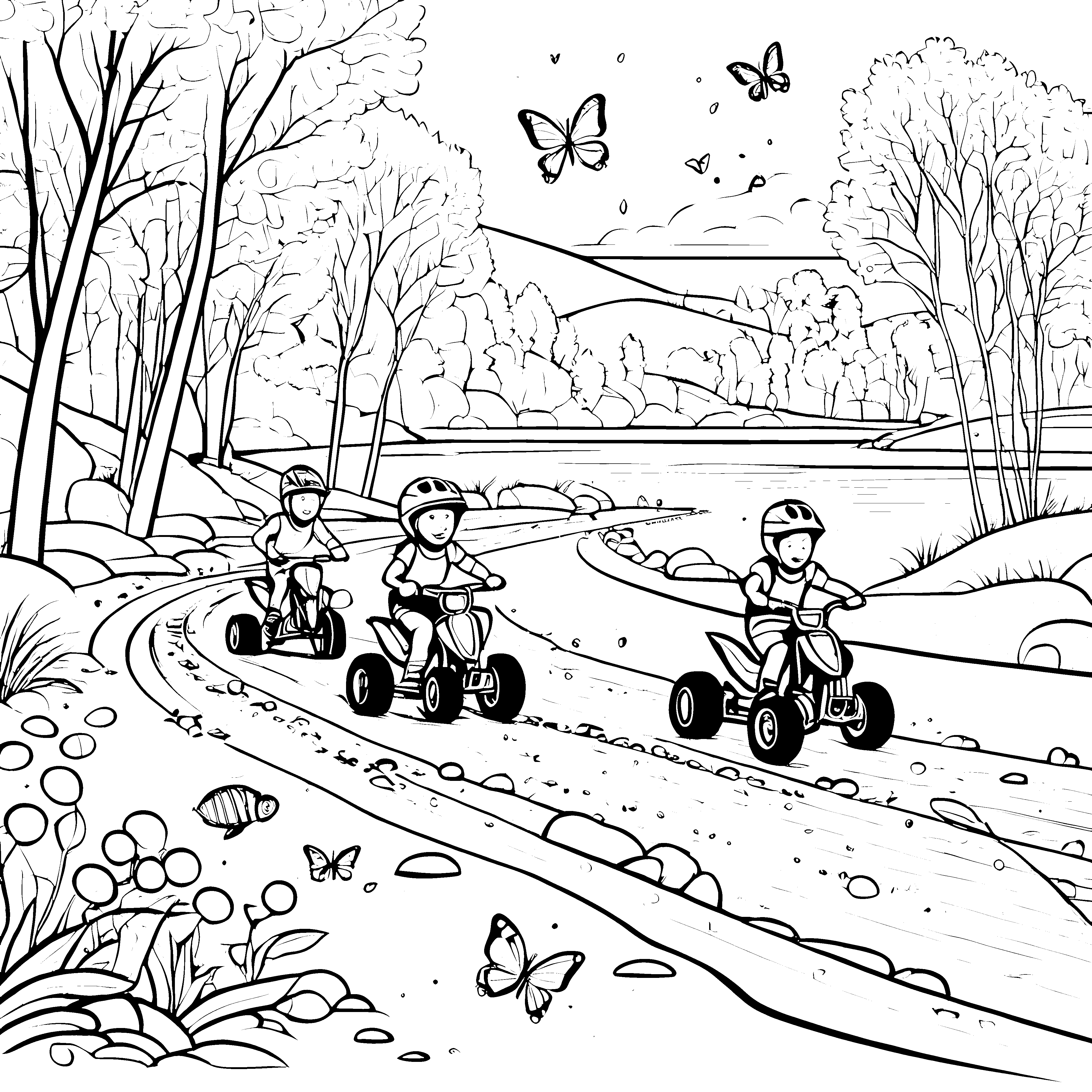 Abenteuerliche Quad-Tour am malerischen Fluss Ausmalvorlage für kurvenreiche Entdecker
