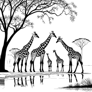 Verspielte Giraffenfamilie am glitzernden Wasser Malvorlage für abenteuerlustige Naturentdecker