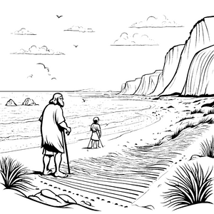 Neandertaler beim Strandspaziergang Ausmalbild für neugierige Geschichtsentdecker