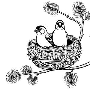 Zwei liebevolle Vögel im gemütlichen Nest Ausmalbild für junge Naturforscher