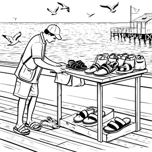 Fröhlicher Schuhverkäufer am Strand Ausmalmotiv für kleine Entdecker