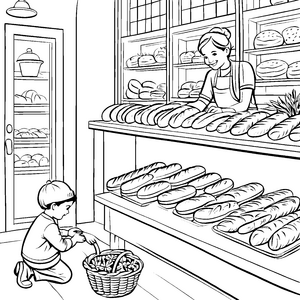 Lustige Bäckerin mit köstlichen Baguettes Ausmalvorlage für abenteuerlustige Feinschmecker