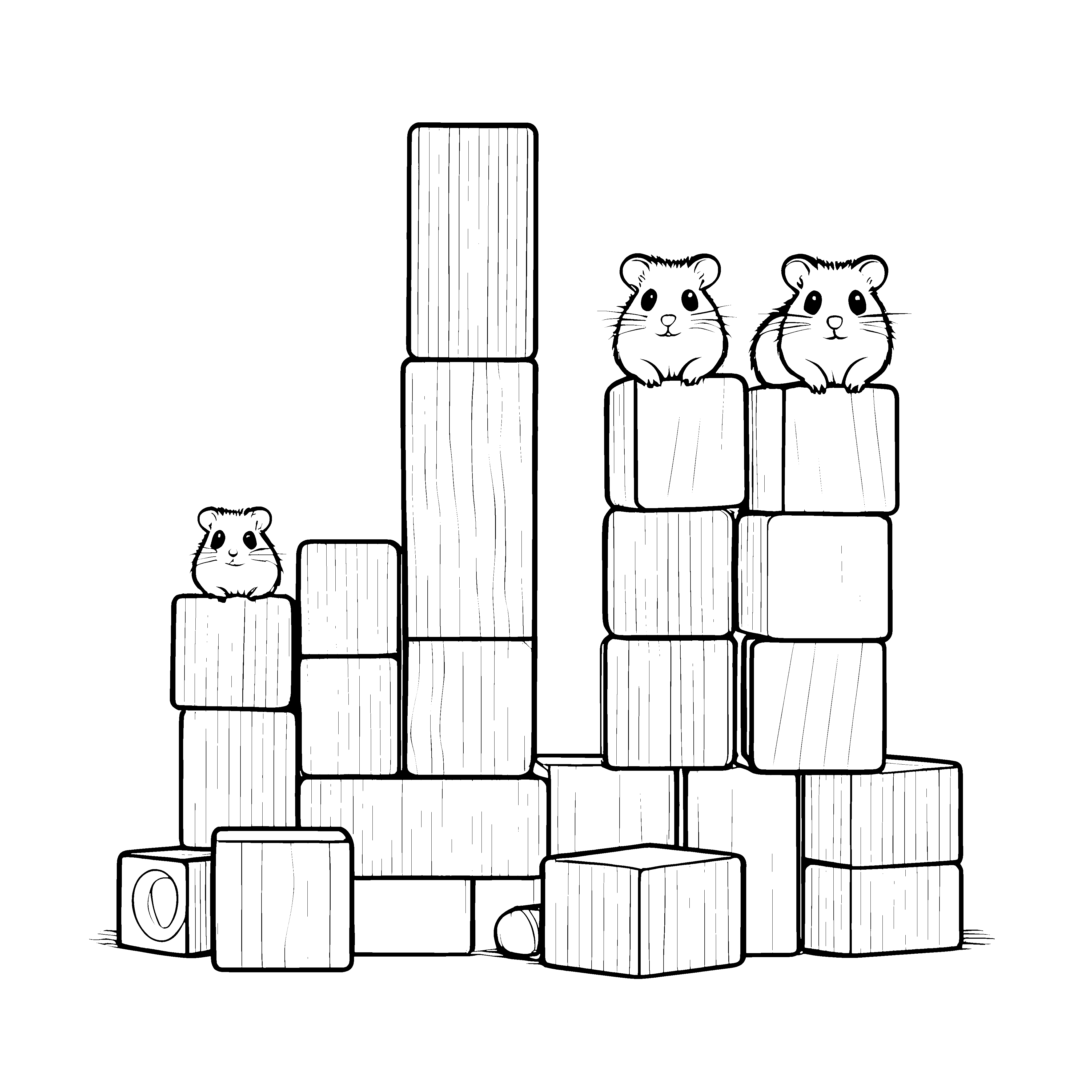 Spaßige Hamster beim Bau mit bunten Blöcken Malvorlage für kleine Baumeister