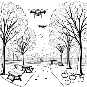 Futuristische Drohnen zwischen leuchtenden Bäumen Ausmalbild für kreative Naturforscher