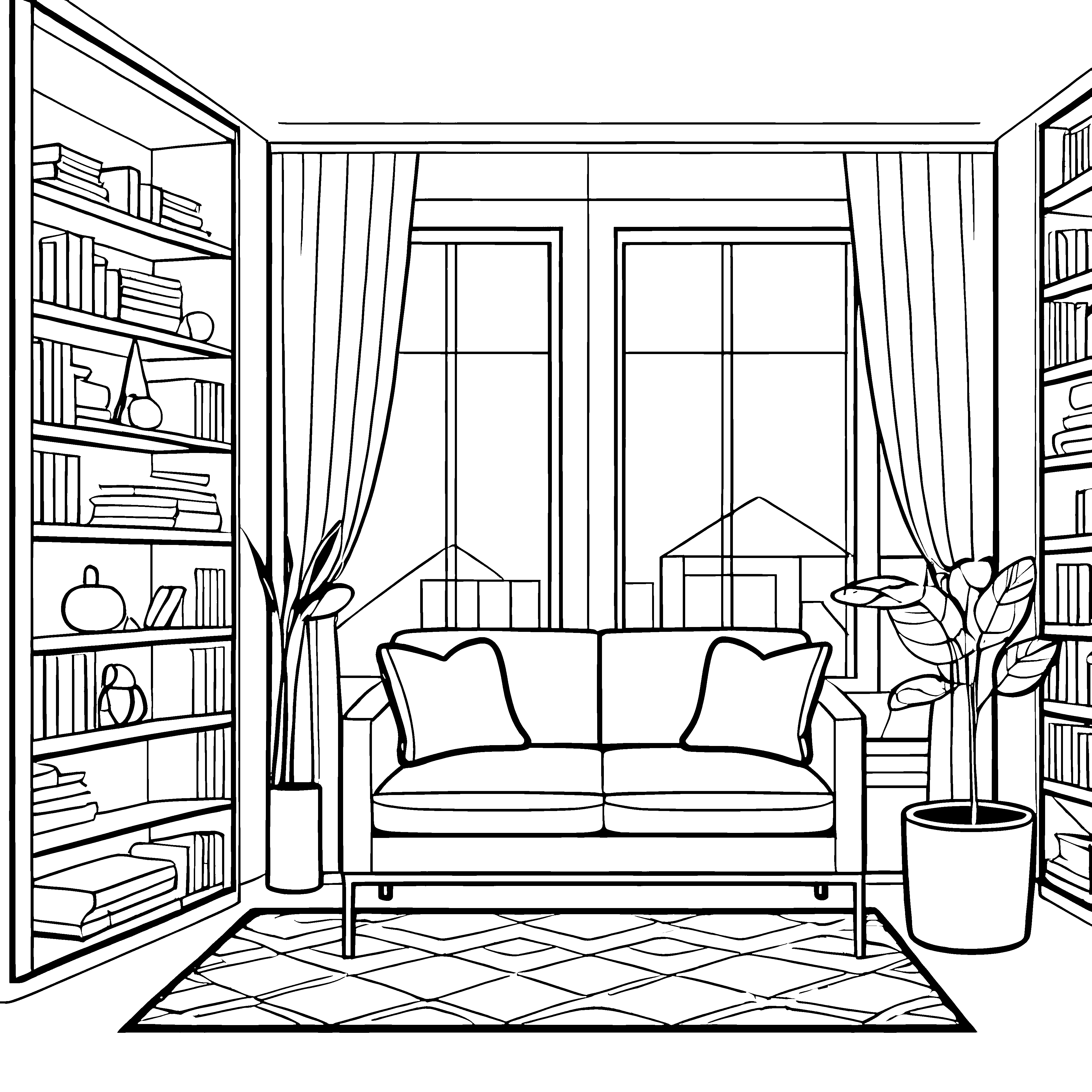 Stilvolles Designer-Sofa im gemütlichen Wohnzimmer Ausmalvorlage für kreative Einrichtungsfreunde