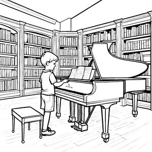 Musikbegeisterter Junge am majestätischen Klavier Ausmalvorlage für kleine Virtuosen