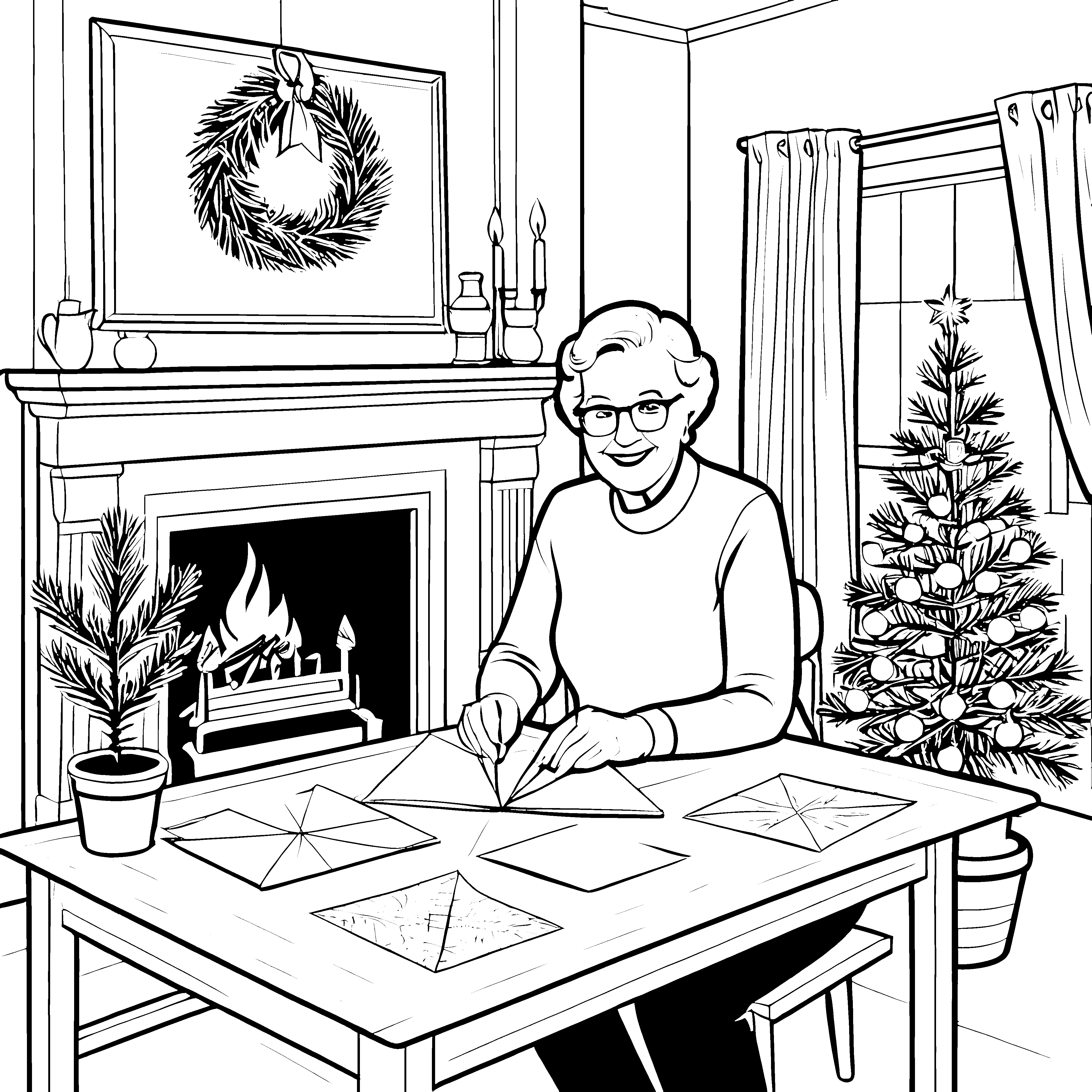 Fröhliche Bastelrunde vor dem Weihnachtsbaum Ausmalvorlage für kreative Genießer