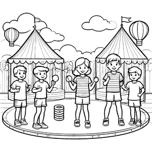 Lustige Kinder auf dem Kirmes-Spaßplatz Malvorlage für fröhliche Abenteurer