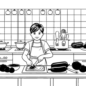 Kreativer Junge schneidet frische Zucchini Malvorlage für kleine Küchenchefs