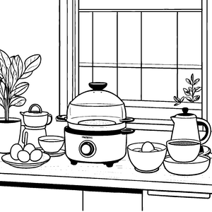 Gemütlicher Eierkocher mit frischen Zutaten Ausmalvorlage für kreative Küchenzauberer