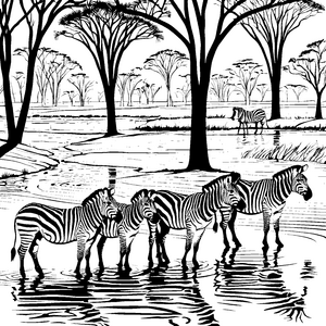 Schwimmende Zebras am erfrischenden Wasserloch Ausmalbild für kleine Entdecker