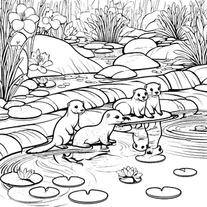 Verspielte Otter-Babys auf ihrem Baumstamm Ausmalvorlage für kleine Naturliebhaber