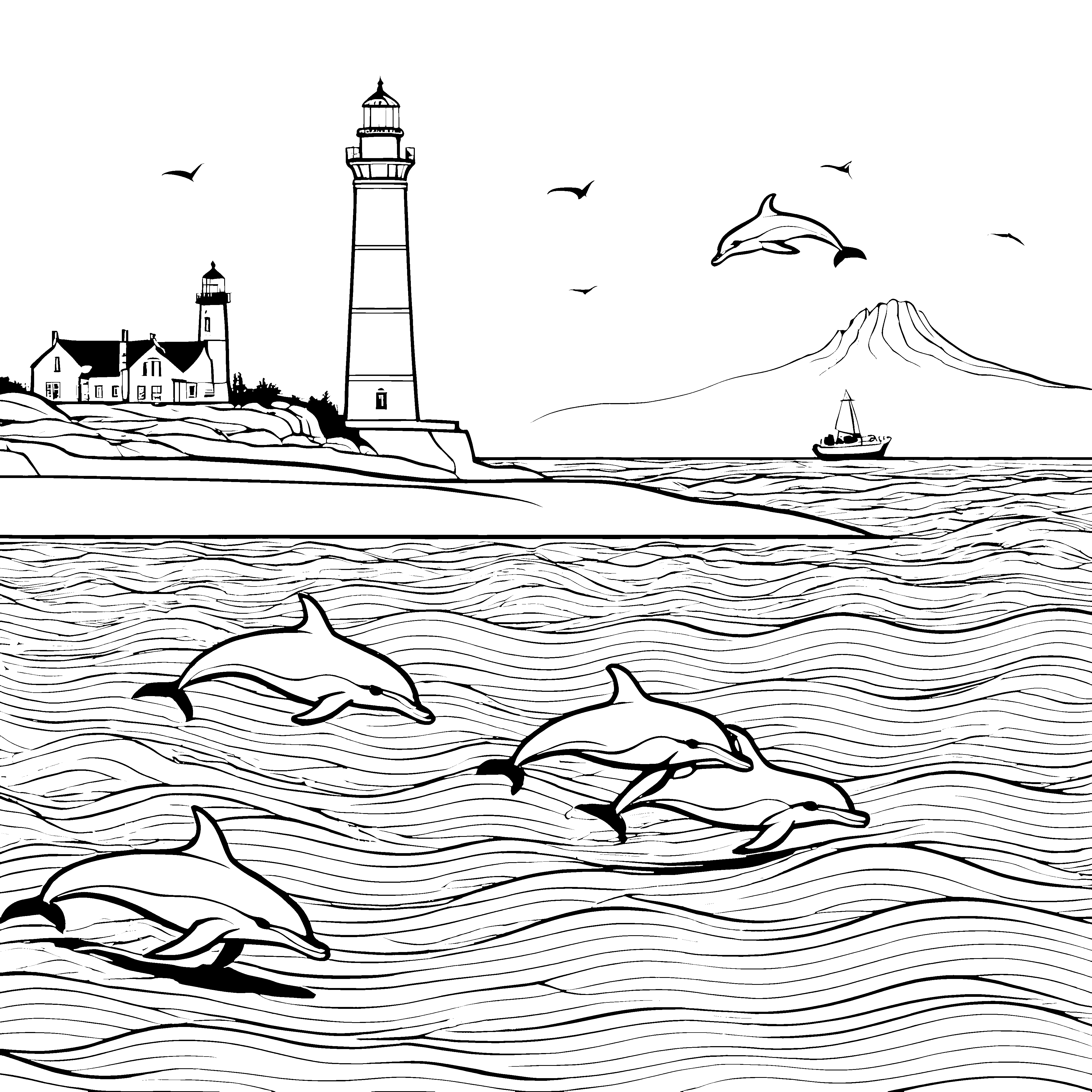 Schwimmende Delfine unter dem strahlenden Leuchtturm Ausmalvorlage für neugierige Entdecker