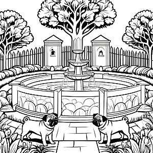 Bezaubernde Möpse am sprudelnden Brunnen Ausmalvorlage für fantasievolle Entdecker
