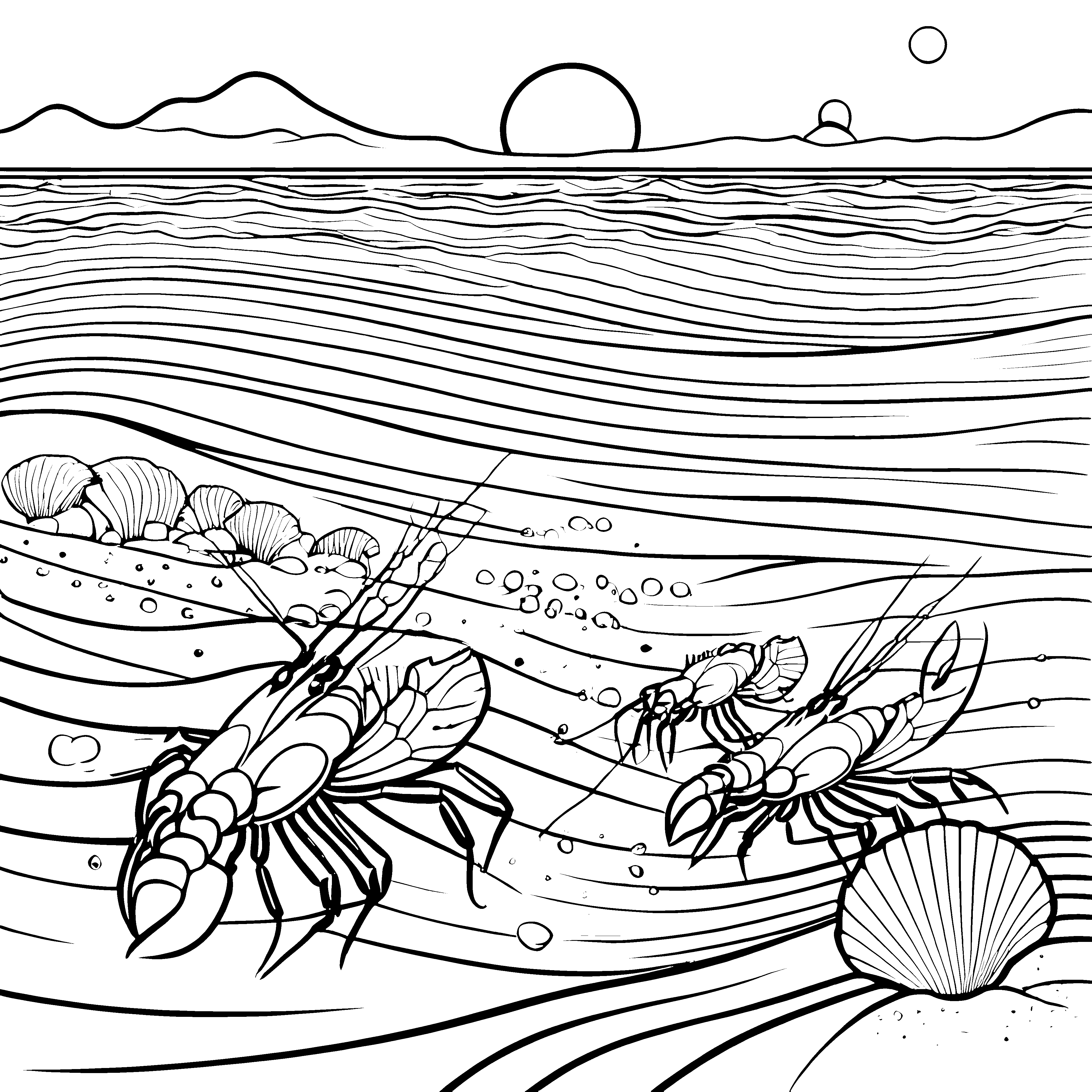 Lebhafte Garnelen im glitzernden Wasserzauber Ausmalvorlage für kleine Meereskunden