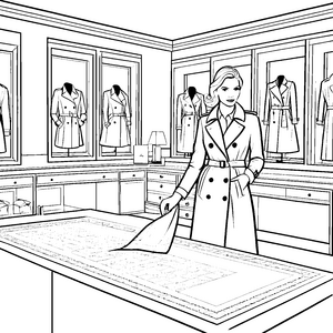 Moderne Schneiderin beim Entwerfen eleganter Mäntel Ausmalbild für kreative Modefans
