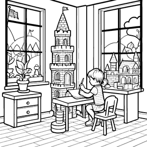 Kreatives Spielzimmer mit fantasievoller Bauwelt Ausmalvorlage für neugierige Künstler