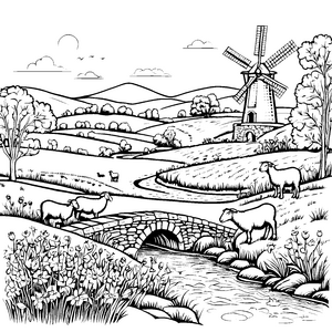 Lustige Schafe bei der alten Windmühle Ausmalvorlage für abenteuerlustige Naturfreunde