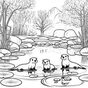 Witzige Otter-Babys beim Planschen im Teich Ausmalvorlage für fröhliche Wasserentdecker