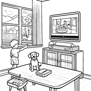 Begeisternder DVD-Player im gemütlichen Wohnzimmer Ausmalmotiv für kleine Filmfans