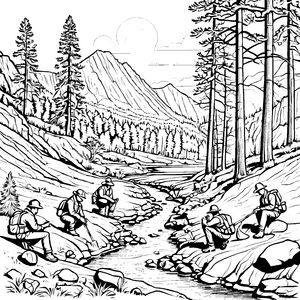 Geologische Expedition am glitzernden Bach Ausmalvorlage für neugierige Naturforscher