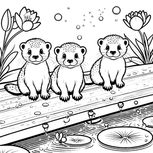 Fröhliche Otter-Babys auf der Holzbrücke Ausmalvorlage für kleine Wasserliebhaber