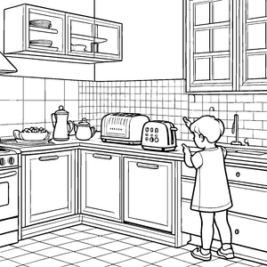 Spaßiger Toaster bei der Arbeit Ausmalbild für kleine Frühstückskünstler