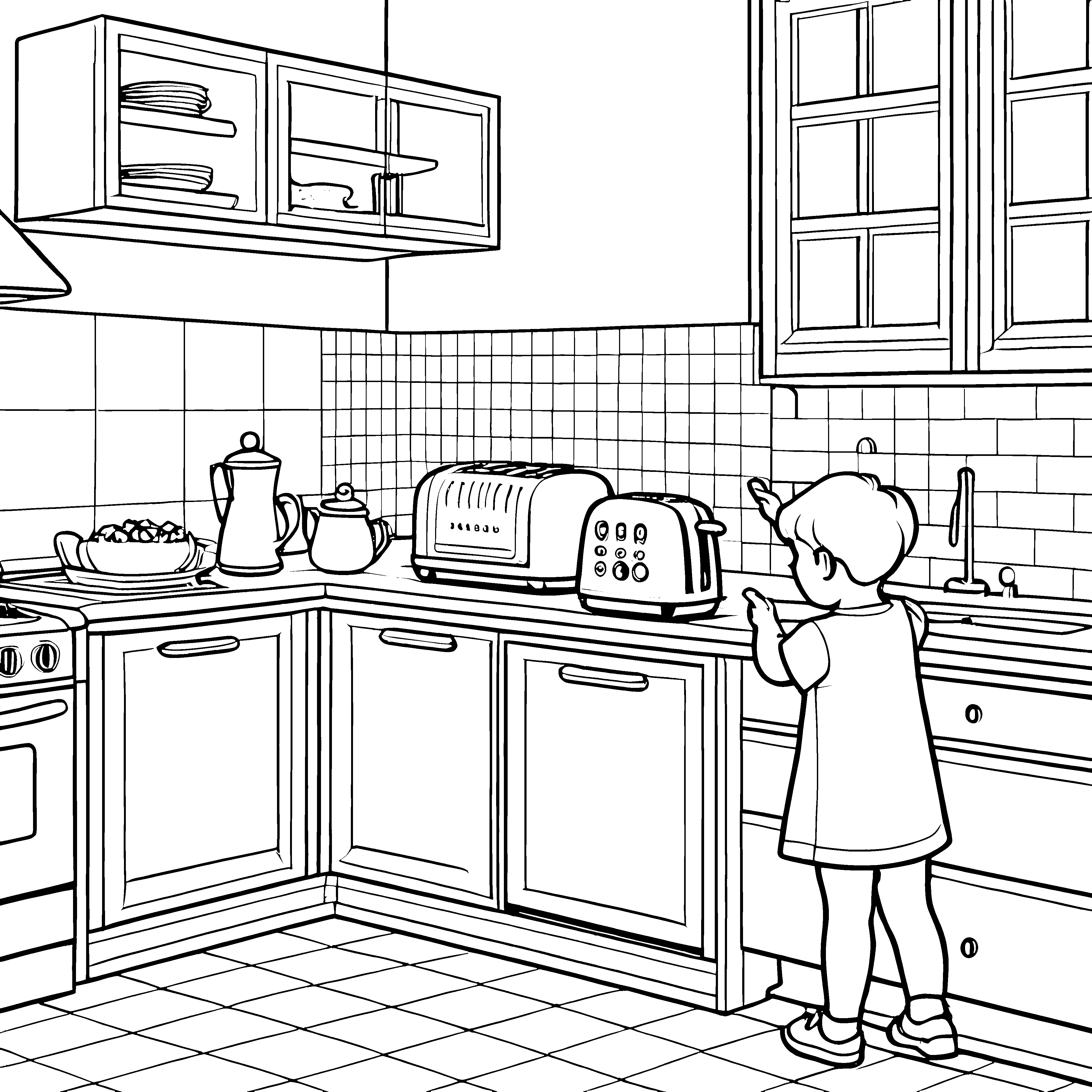 Spaßiger Toaster bei der Arbeit Ausmalbild für kleine Frühstückskünstler