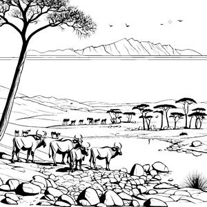 Gruppierte Gnus am funkelnden Wasserloch Malvorlage für neugierige Naturentdecker