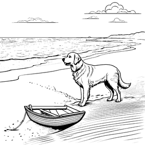 Entspannt am Strand mit treuem Golden Retriever Ausmalvorlage für abenteuerlustige Tierfreunde
