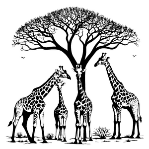 Fröhliche Giraffen unter dem großen Baum Ausmalvorlage für neugierige Tierfreunde