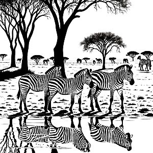 Lustige Zebrajungs am glitzernden Wasser Ausmalbild für neugierige Tierentdecker