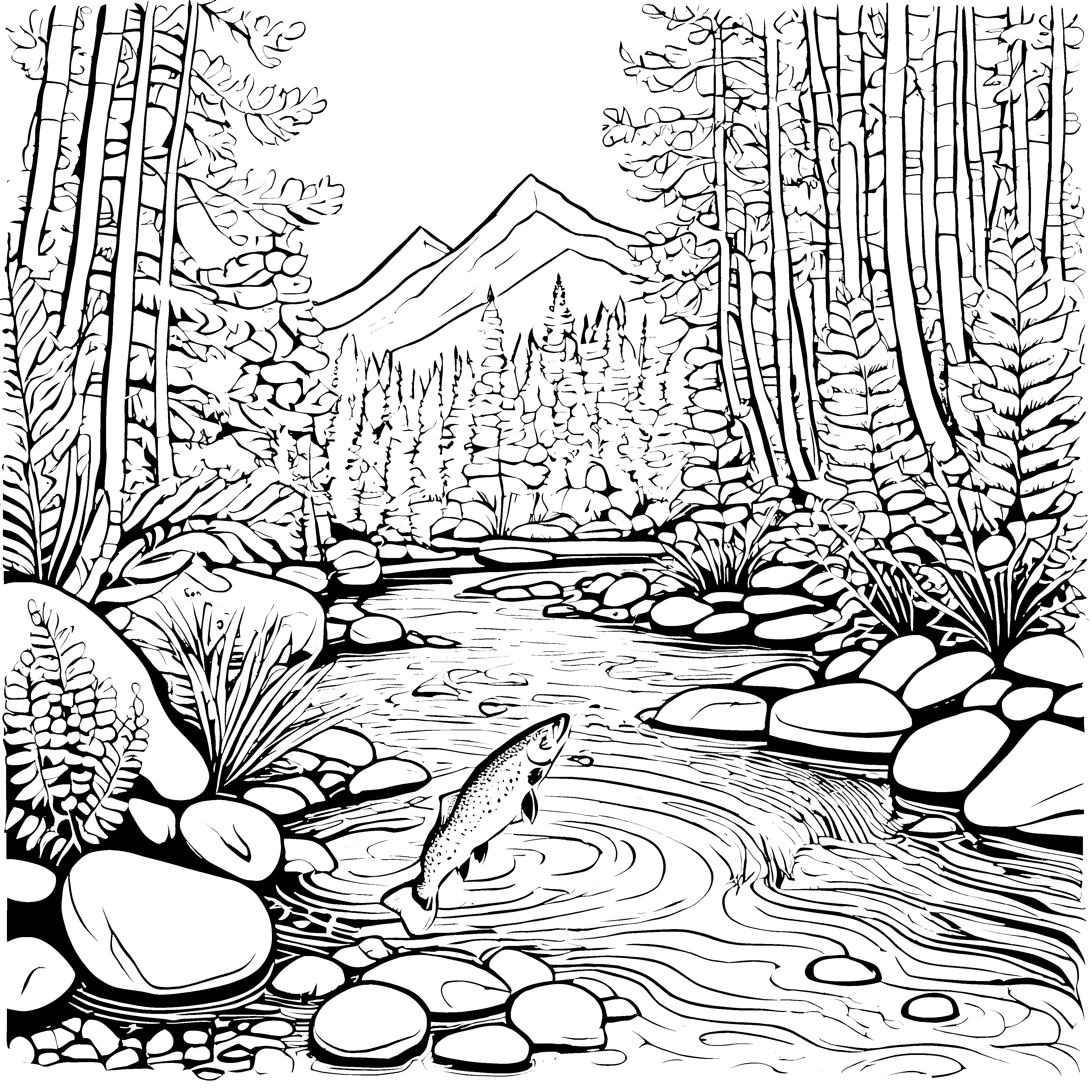 Spritzende Forelle im glitzernden Bach Ausmalbild für kleine Wasserspieler