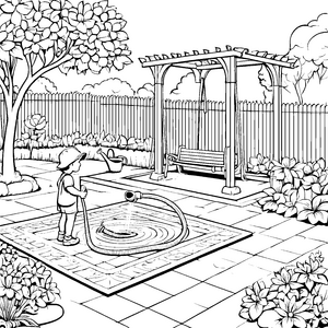 Spritzender Gartenschlauch im blühenden Garten Ausmalbild für kleine Naturforscher