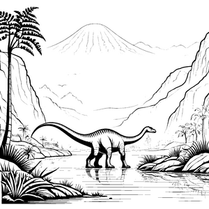Entspannter Diplodocus am glitzernden See Ausmalbild für abenteuerlustige Entdecker