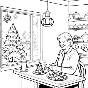Fröhliches Plätzchenbacken am festlichen Weihnachtsbaum Ausmalbild für kreative Weihnachtsfreunde