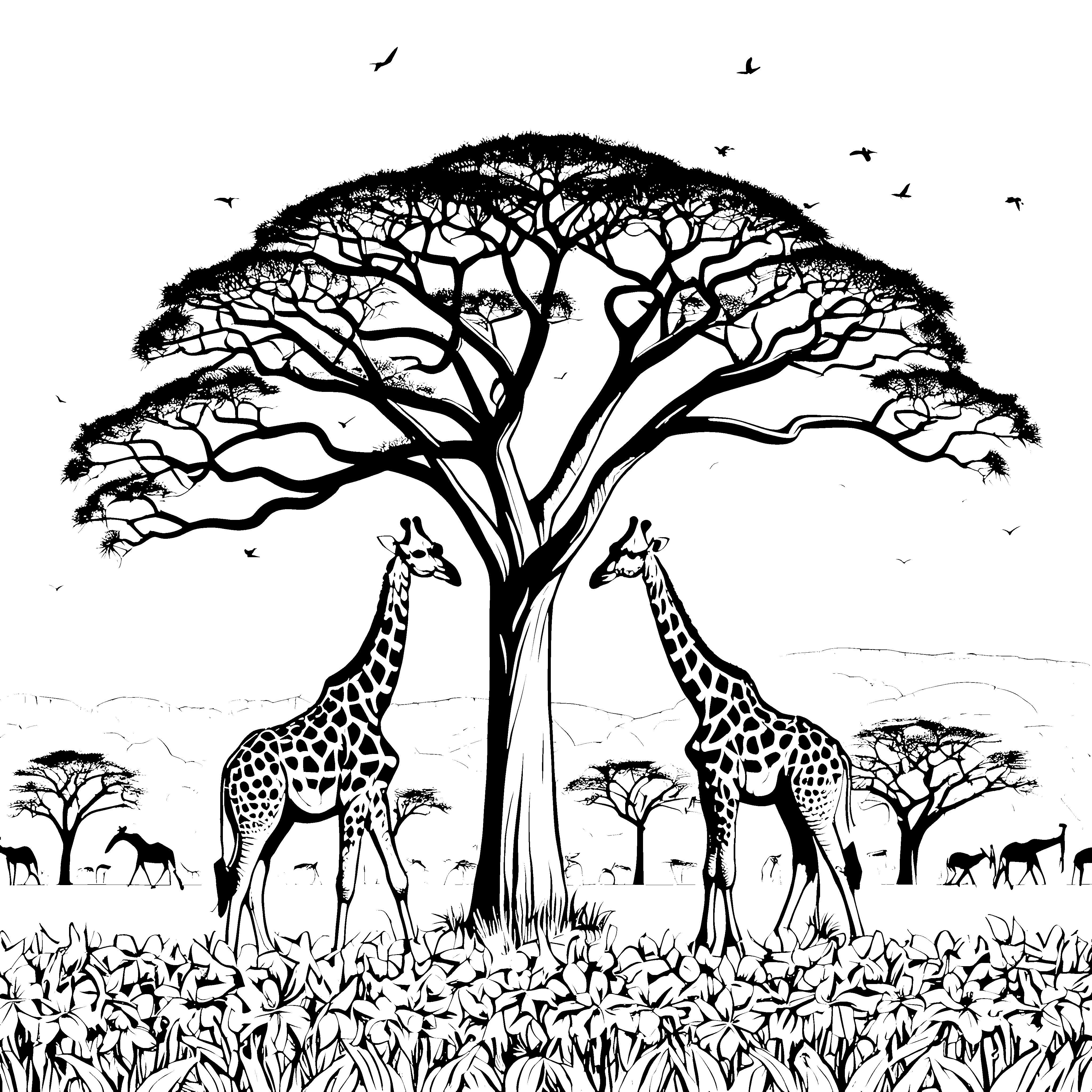 Zwei neugierige Giraffen unter dem großen Baum Ausmalbild für junge Naturentdecker