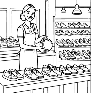 Schuhparadies mit freundlichem Verkäufer Ausmalvorlage für modebewusste Kids