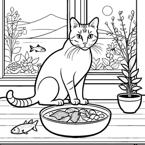 Neugierige Katze mit leckerem Futter Ausmalbild für furchtlose Tierfreunde