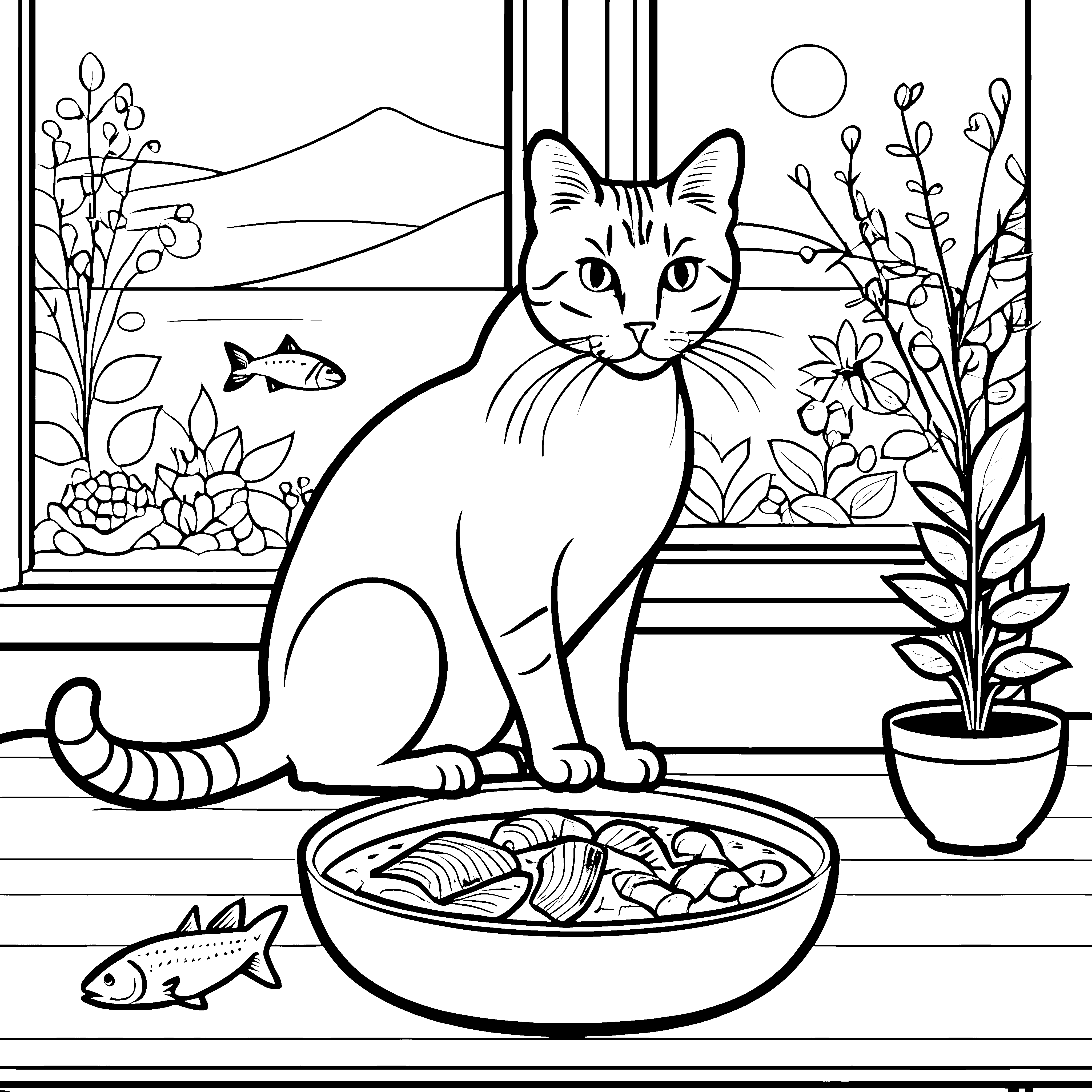 Neugierige Katze mit leckerem Futter Ausmalbild für furchtlose Tierfreunde