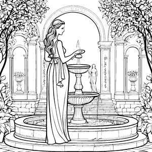Elegante Dame mit langen Haaren am Brunnen Ausmalmotiv für träumerische Künstler