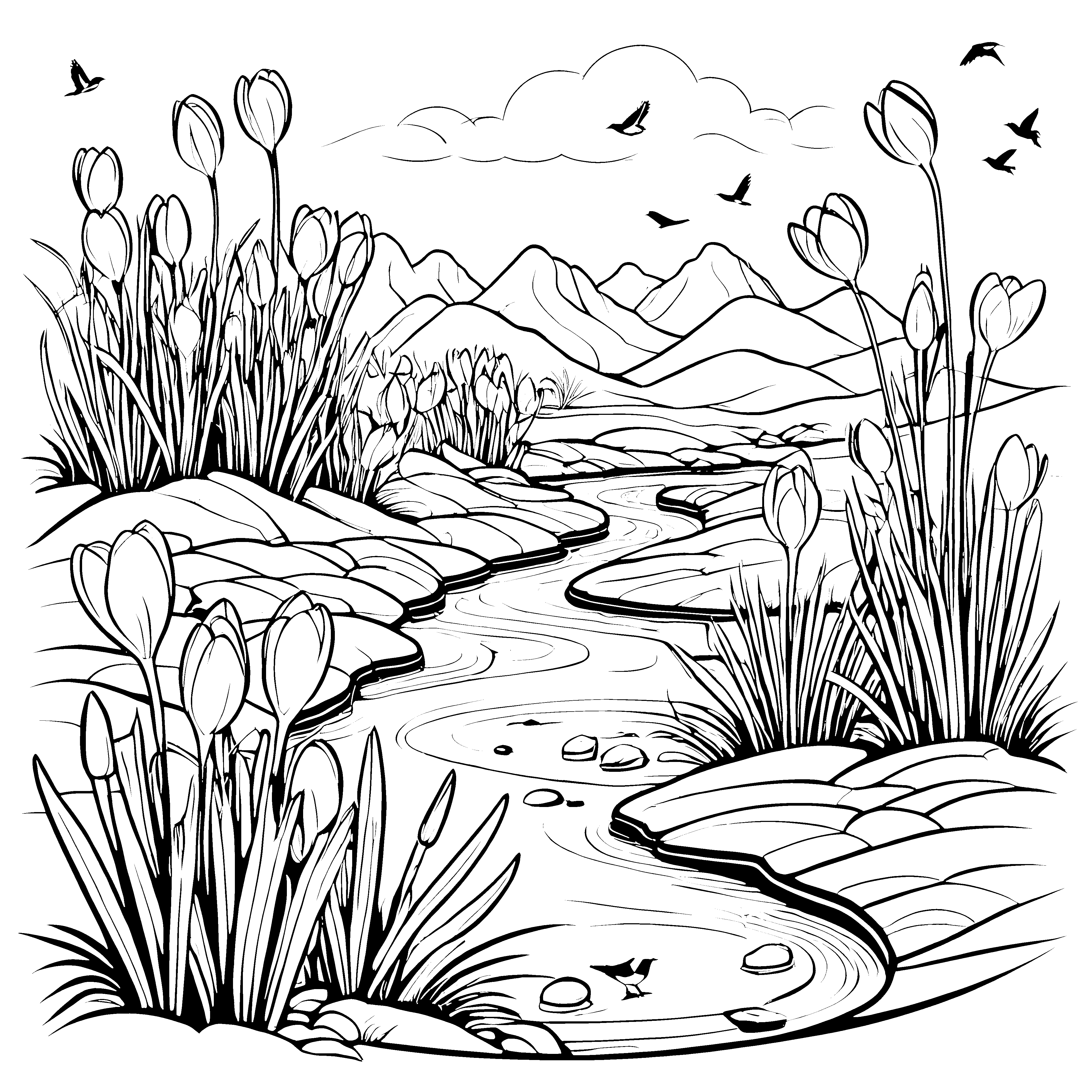 Eindrucksvolle Krokusse am malerischen Bach Ausmalbild für kleine Naturforscher